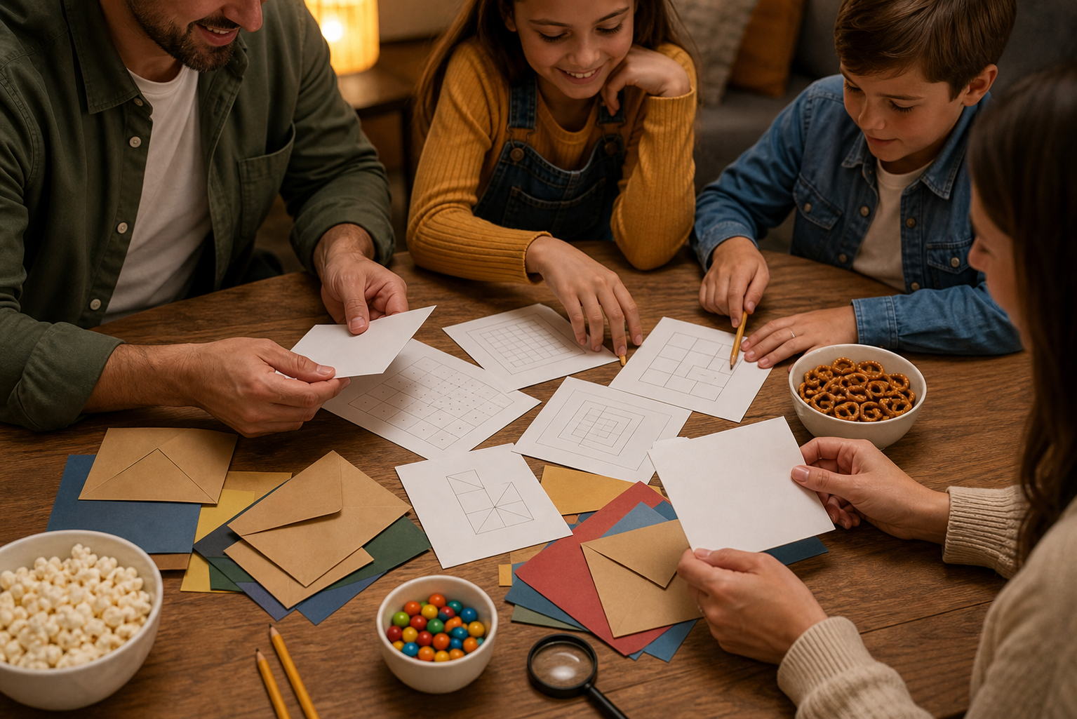 Family hands solving printable brain teaser cards with pencils, envelopes, and snacks on a cozy game-night table