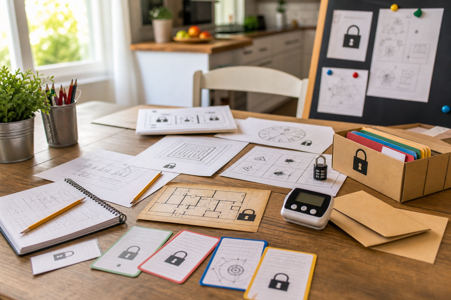 Printable back-to-school puzzle hunt setup with clue cards, pencils, envelopes, a timer, and colorful classroom supplies on a bright table