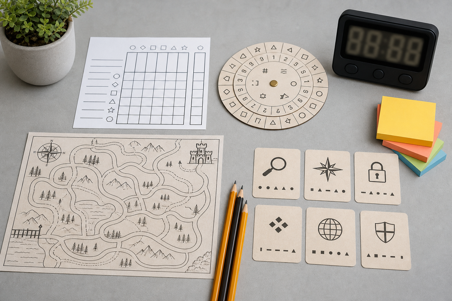 Four printable puzzle station cards with a logic grid, cipher wheel, map maze, clue cards, pencils, sticky notes, and a timer