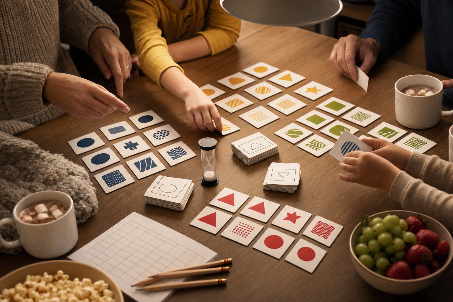Family game-night table with category sort puzzle cards, pencils, snacks, and a score sheet arranged for a pre-show challenge
