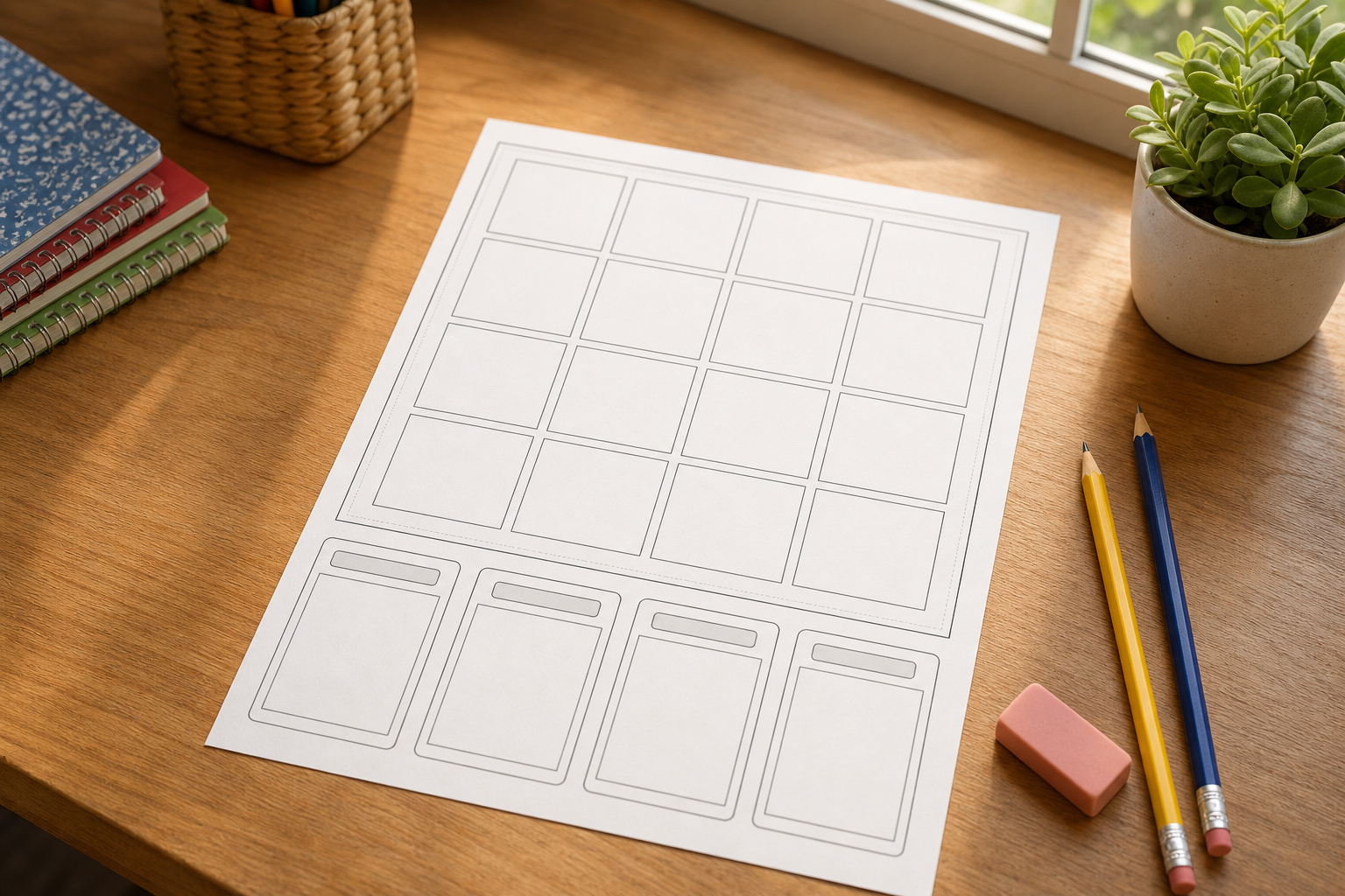 Printable garden puzzle grid, pencils, and simple answer spaces arranged for a sunflower-themed activity folder