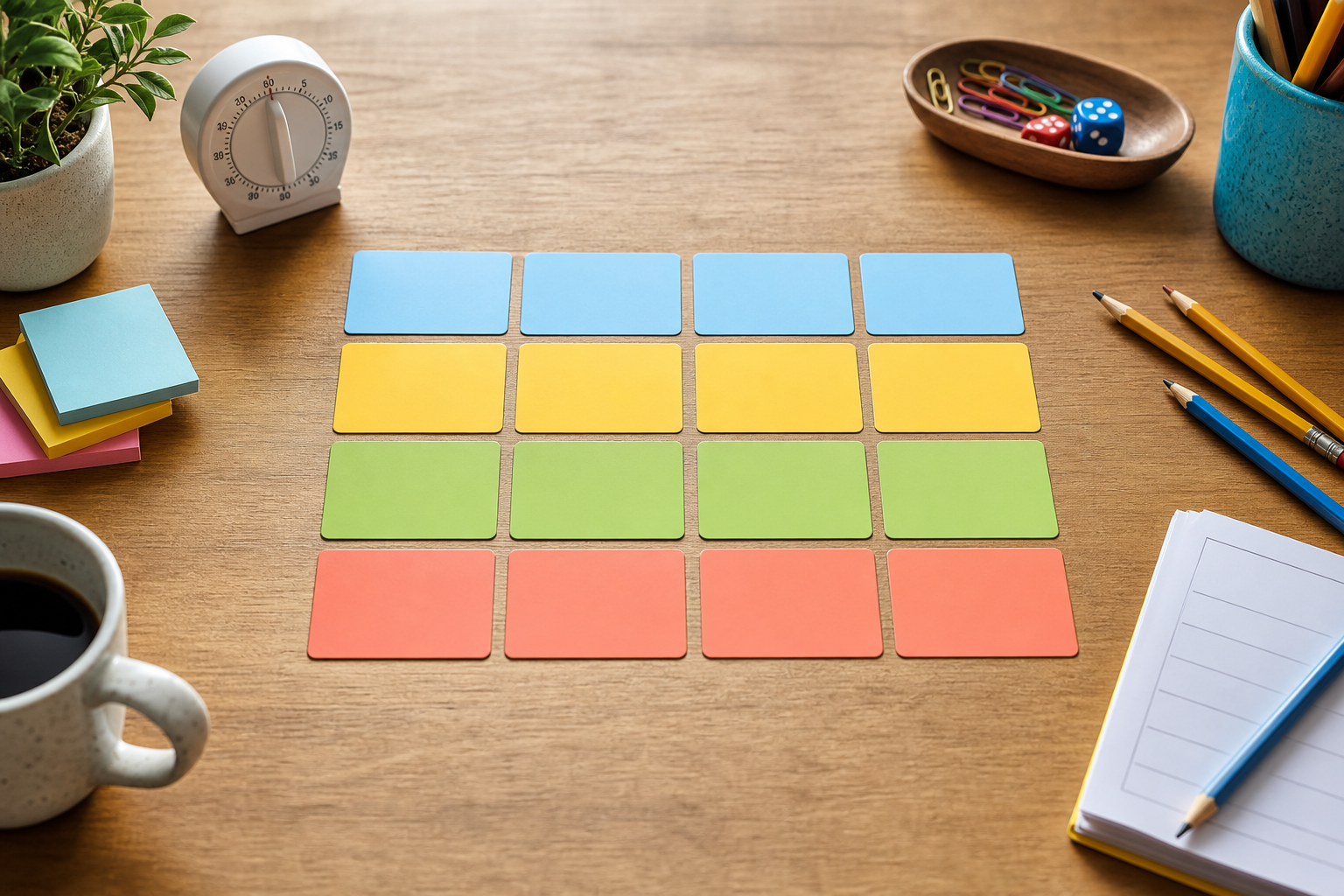 Printable word cards and pencils arranged on a table for a family farmers market puzzle pack