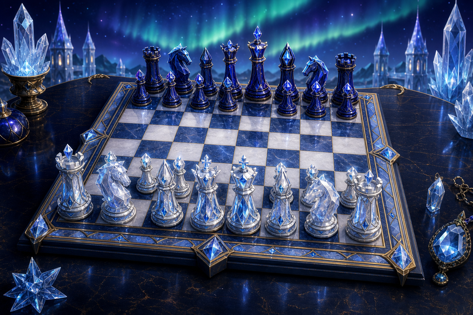 Blue crystal chessboard and glowing pieces arranged for an International Chess Day printable puzzle guide