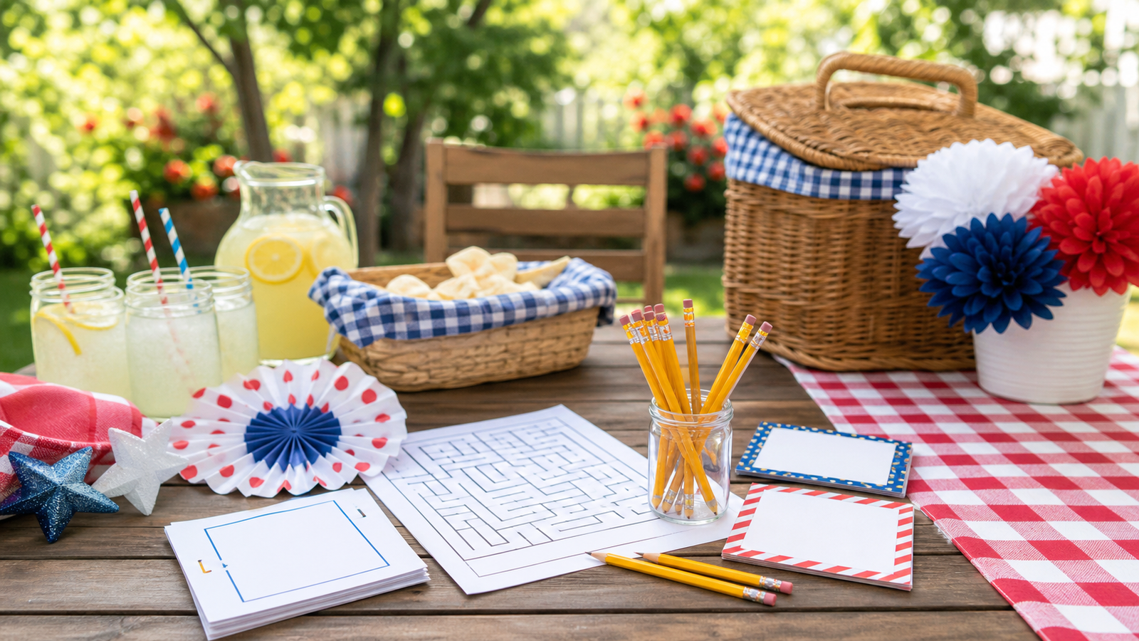 Printable Fourth of July backyard puzzle hunt materials on a summer picnic table with clue cards, pencils, maze page, lemonade, and red white and blue paper decorations