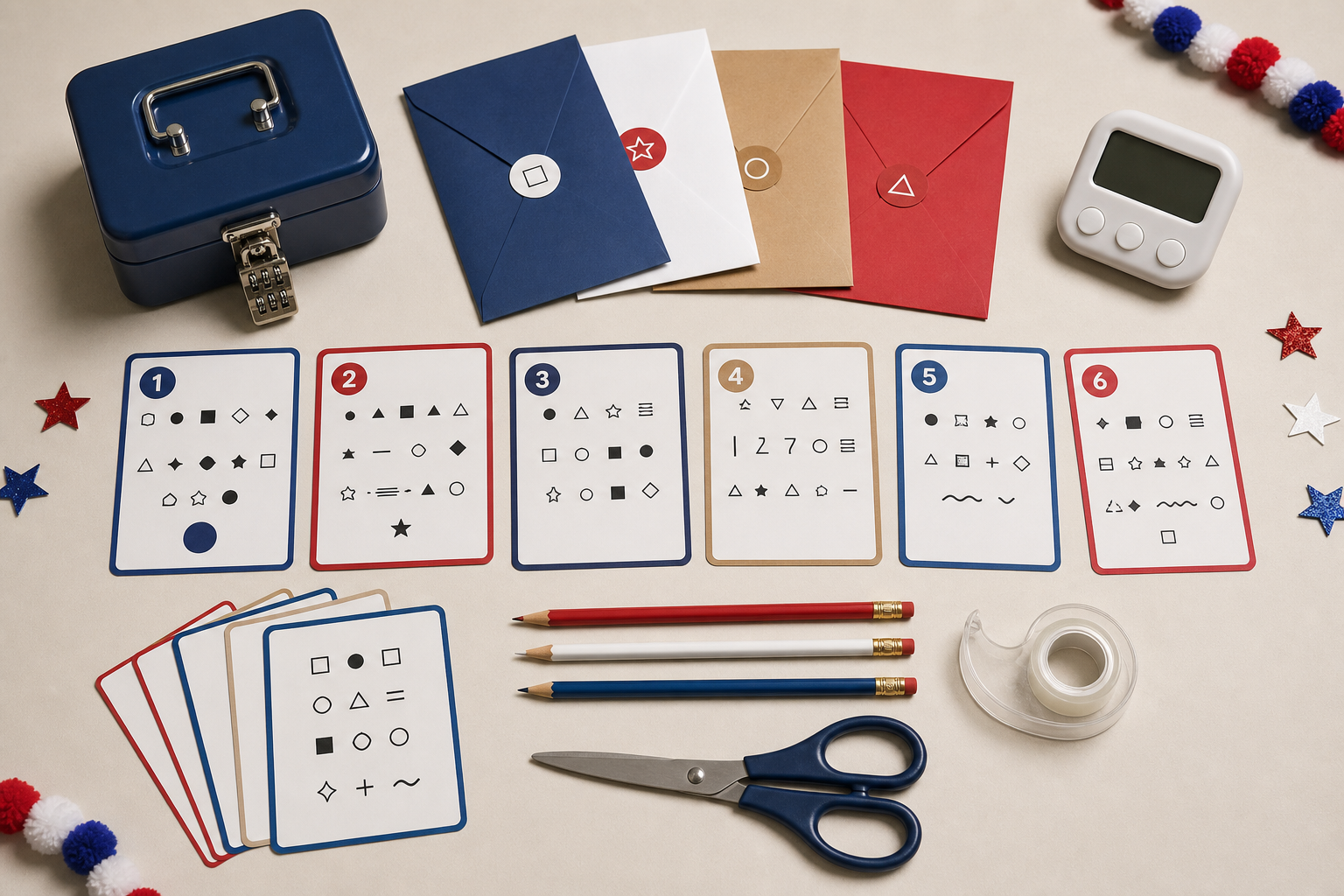Overhead view of printable puzzle hunt envelopes, clue cards, pencils, scissors, tape, timer, and a small lockbox with patriotic color accents
