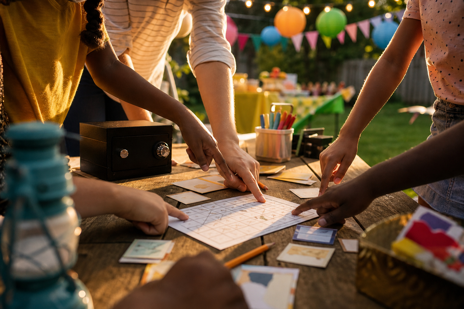 Kids and adults working together on printable clue cards and a grid puzzle during a warm backyard family puzzle hunt