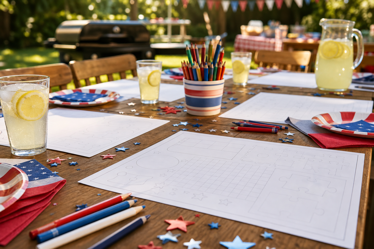 Printable Fourth of July puzzle placemat with maze, word search, code, stars, pencils, and picnic table decorations