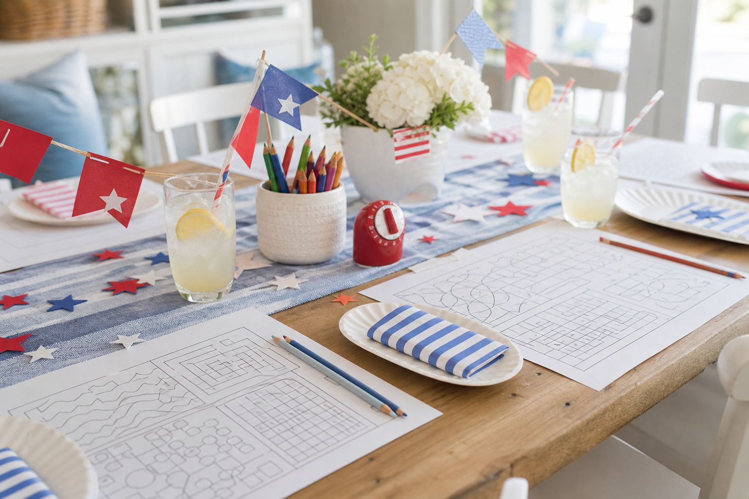 Holiday puzzle table setup with printed placemats, pencils, a timer, and simple red white and blue star decorations