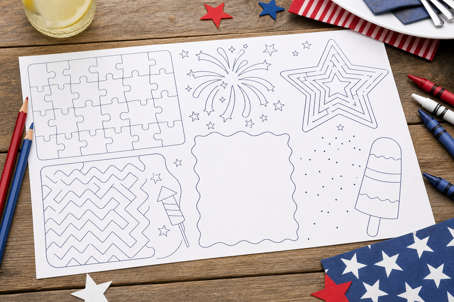 Nine-zone printable puzzle placemat layout with spaces for a maze, word search, code, I-spy count, logic clue, and drawing prompt