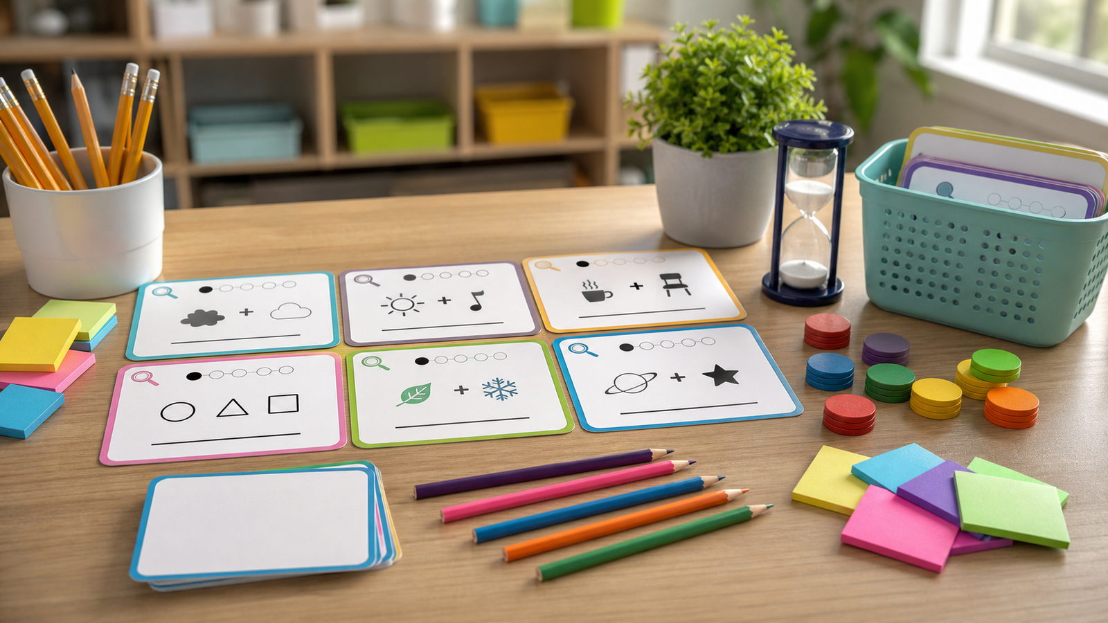 Bright classroom desk with printable brain teaser cards, pencils, sticky notes, and teamwork tokens for a warm-up activity