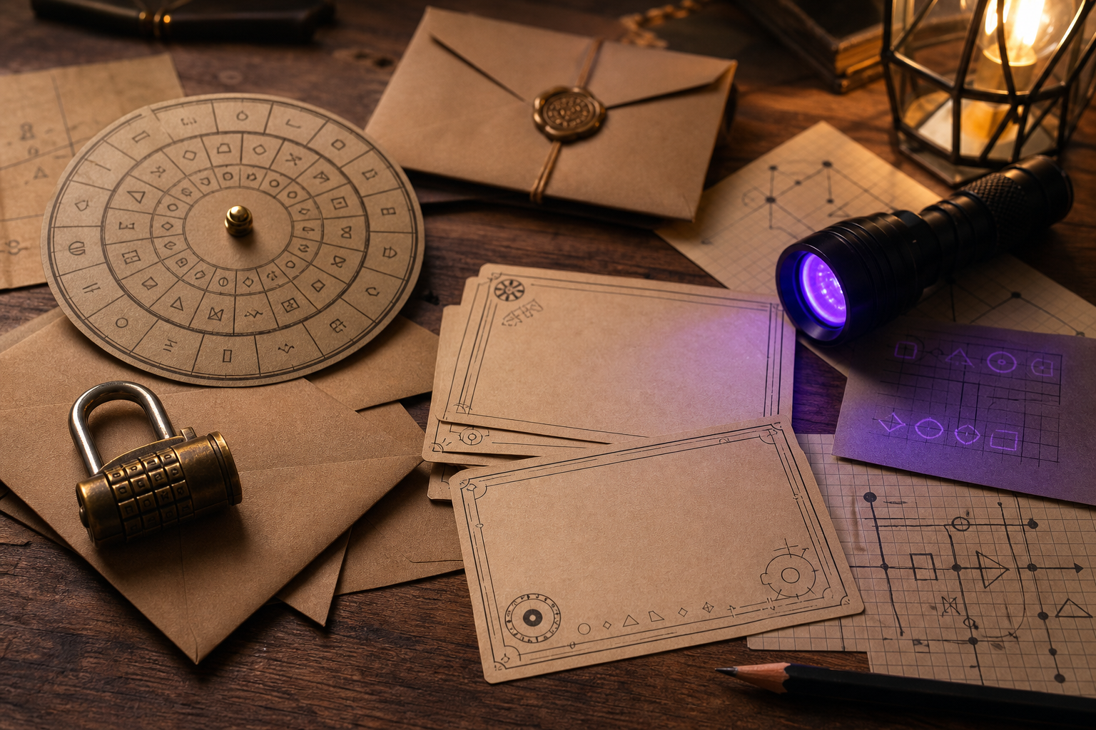 Printable escape-room puzzle kit with envelopes, cipher wheel, clue cards, lock prop, graph paper, and pencil on a wooden table