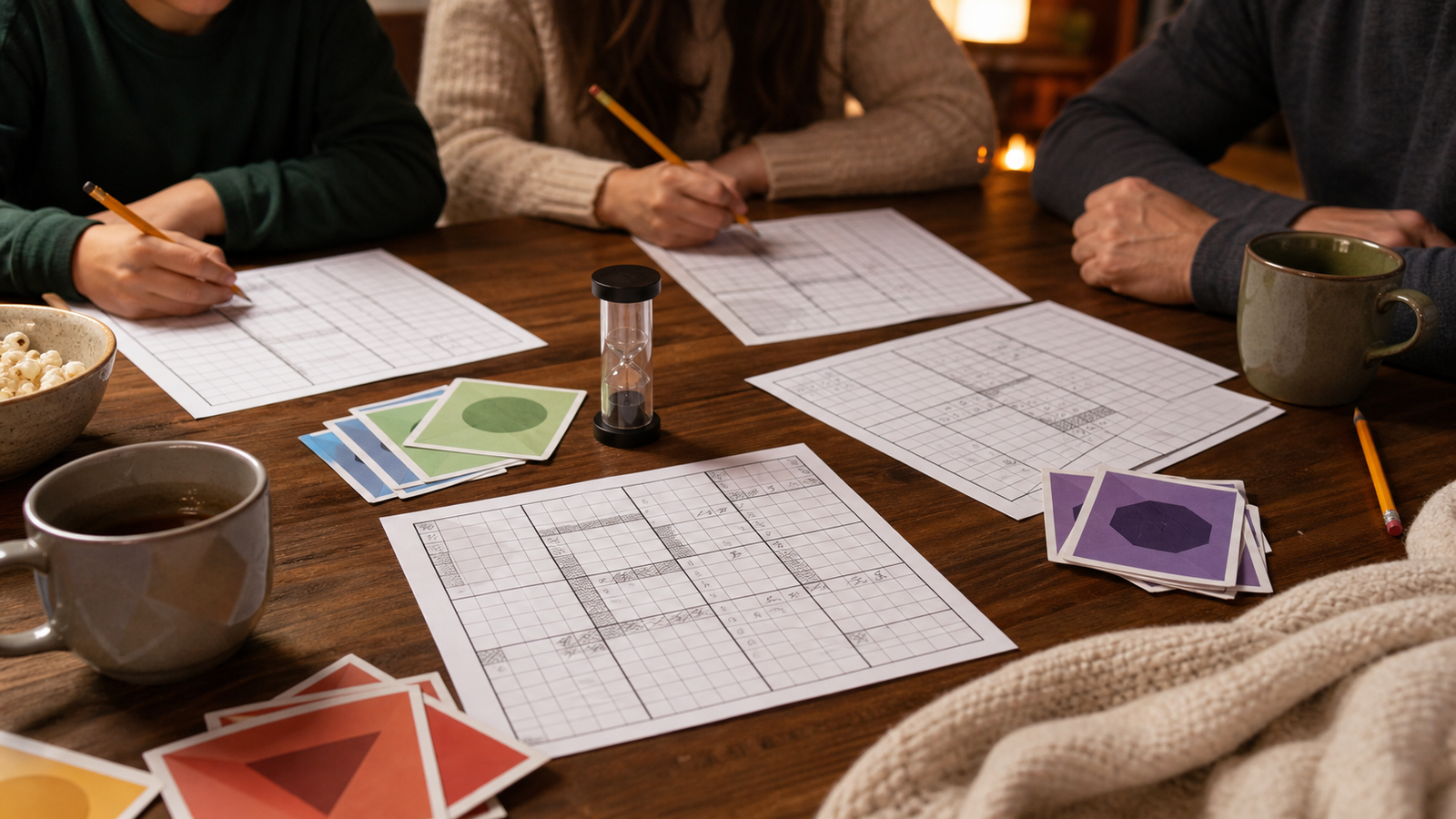 Cozy family game-night table with printable logic-grid puzzles, pencil notes, clue cards, and a small timer