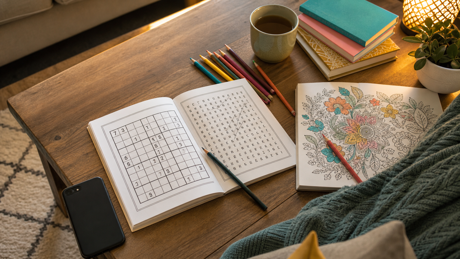 Warm coffee table with a phone face down beside open Sudoku, word search, coloring pages, colored pencils, tea, and puzzle books