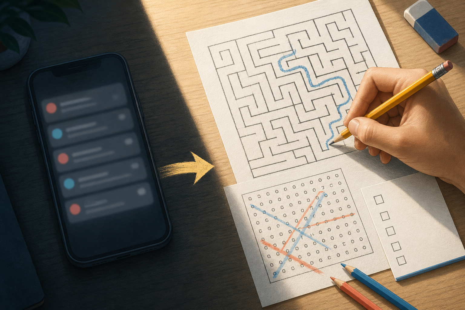 A phone notification habit loop being redirected toward a paper maze and word search