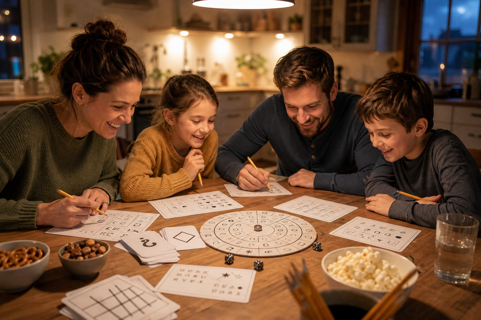 Cozy family puzzle night table with printable brain teaser cards, cipher wheel, pencils, dice, and snack bowls