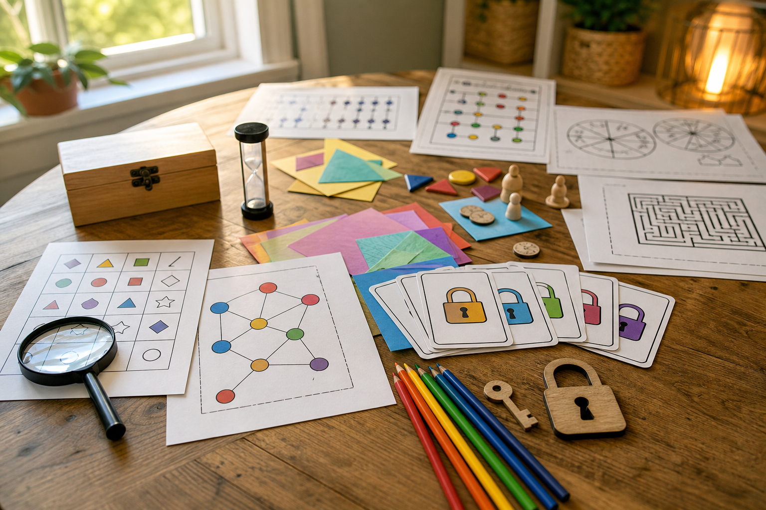 Printable classroom escape room puzzle sheets, clue cards, pencils, tokens, and a timer arranged on a bright table