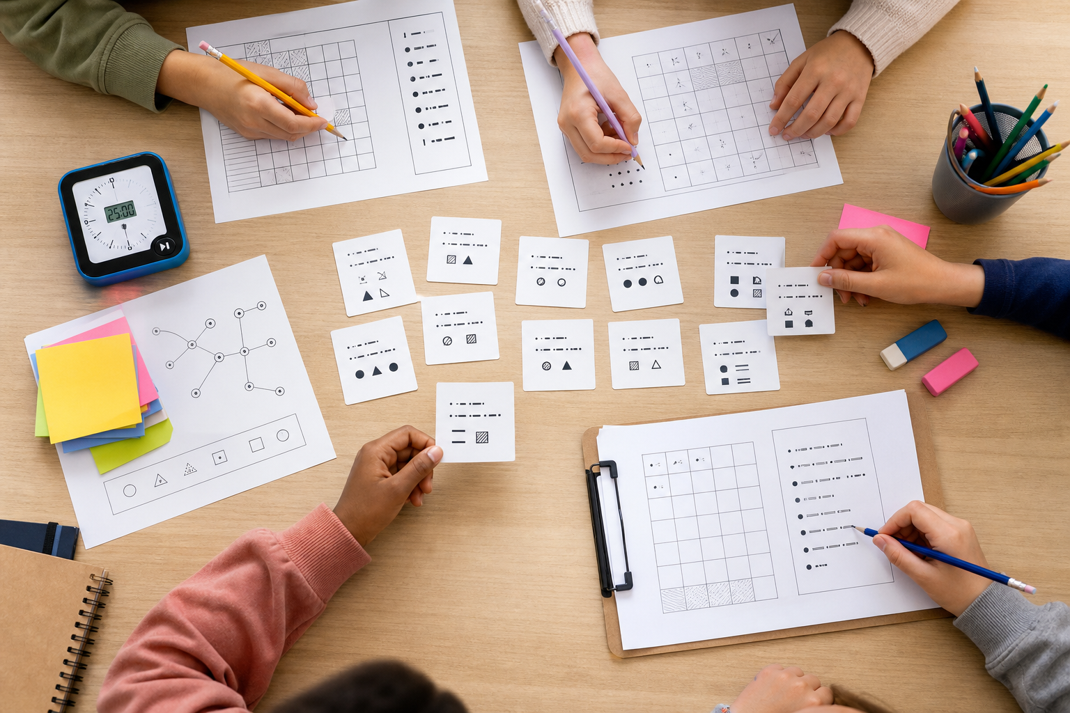 Students hands solving printable logic puzzles and clue cards on a classroom desk with a timer and sticky notes