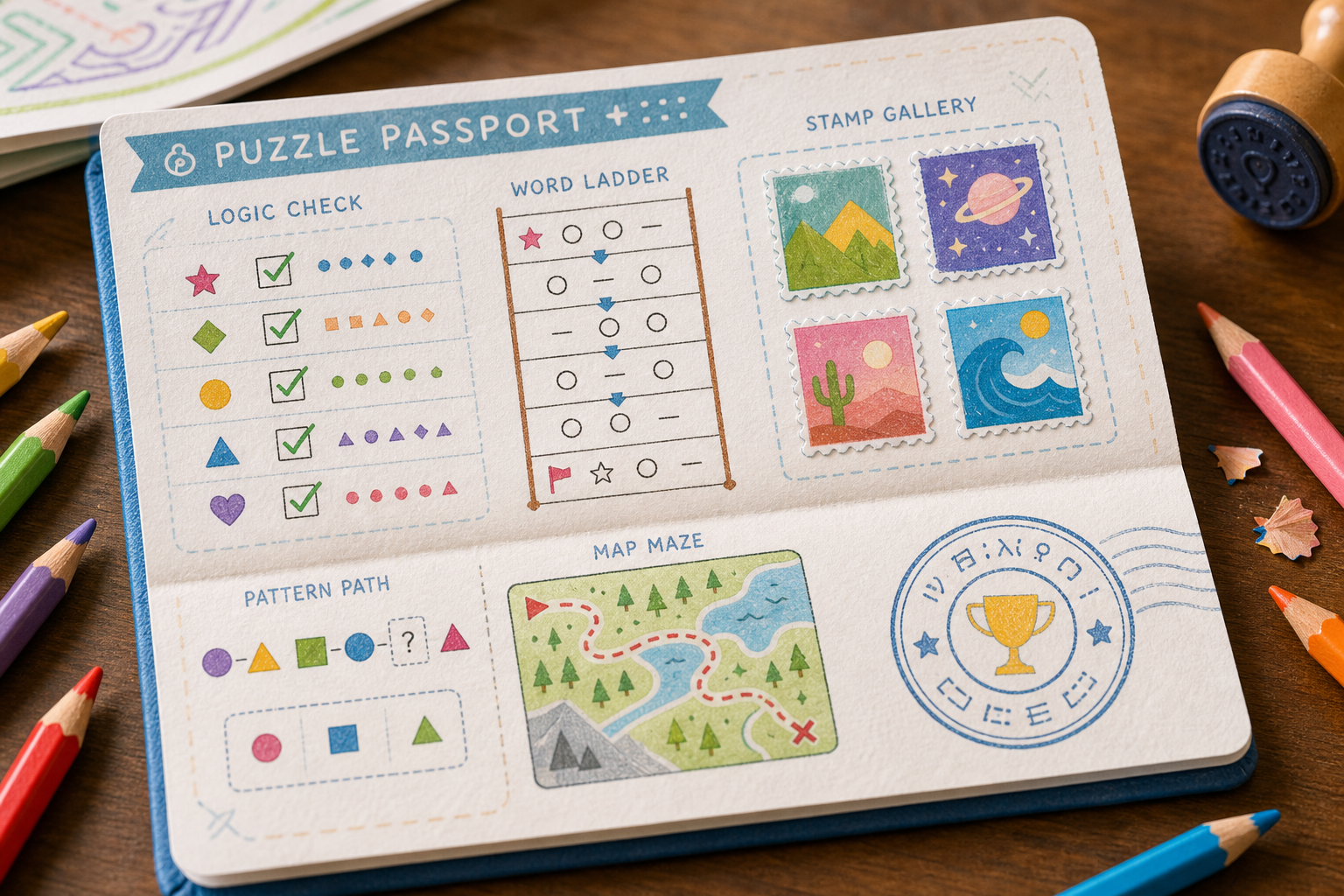 Completed printable puzzle passport page with checkmarks, sticker stamps, a mini word ladder, a map maze, and colored pencils