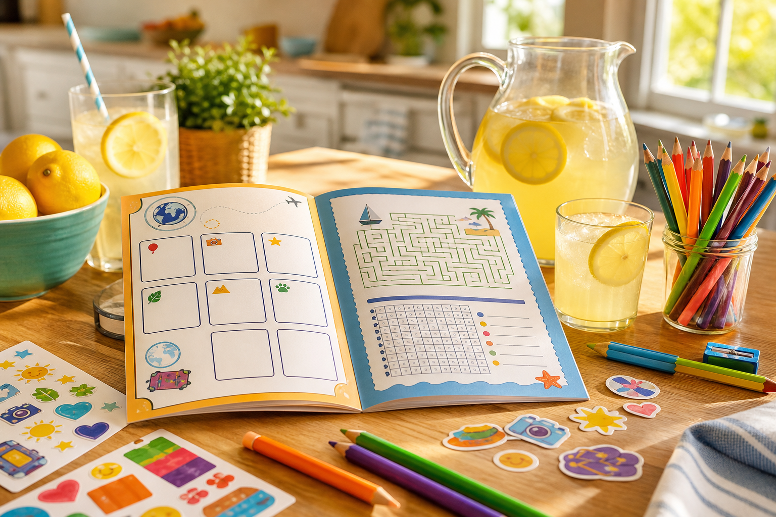 Printable puzzle passport booklet open on a sunny table with pencils, stickers, lemonade, and blank mission stamp boxes