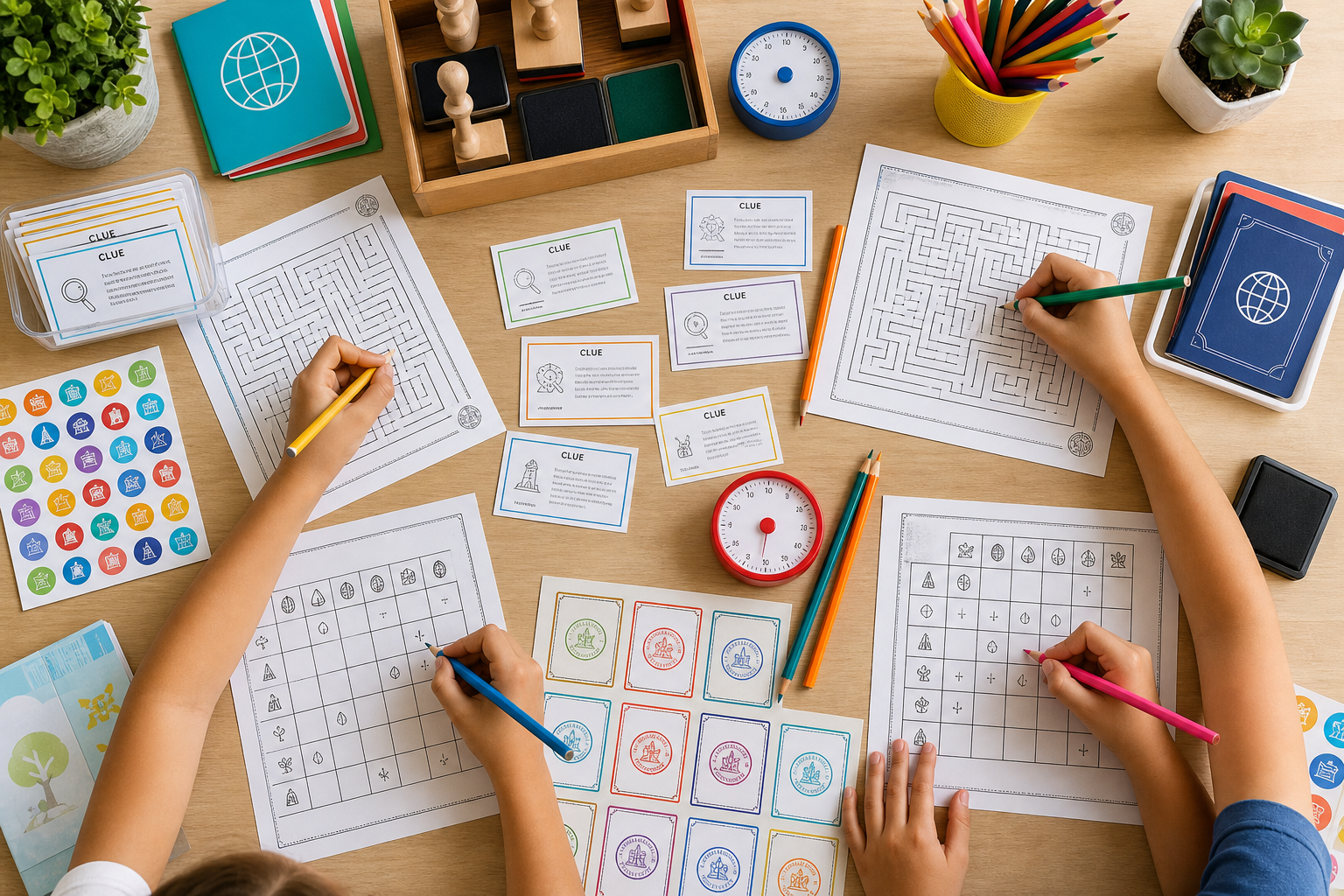 Overhead view of puzzle passport stations with printable clue cards, pencils, stickers, timers, and kids solving paper puzzles