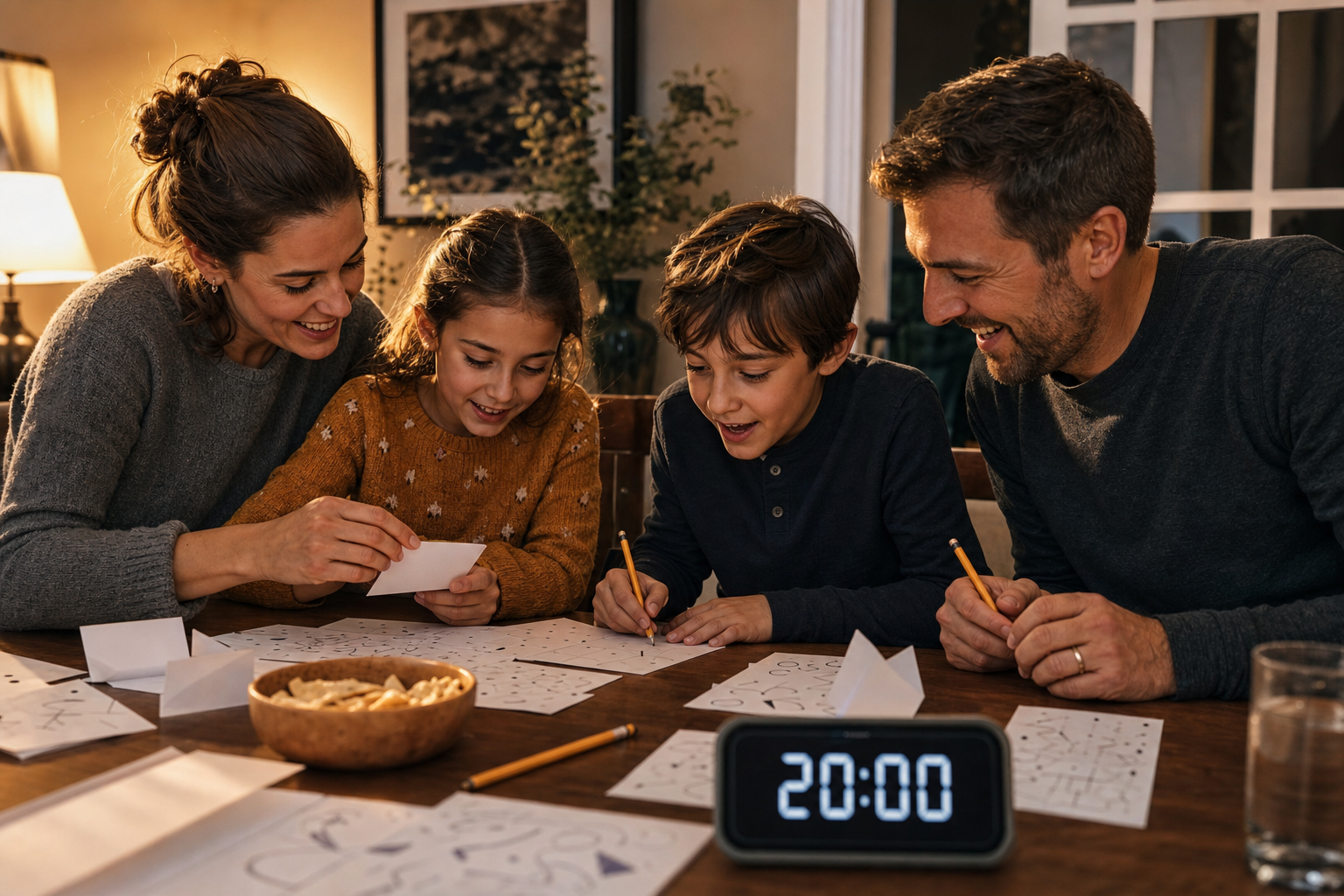 Family solving a 20-minute printable puzzle relay at a dining table with clue slips, pencils, snack bowl, and a digital timer.
