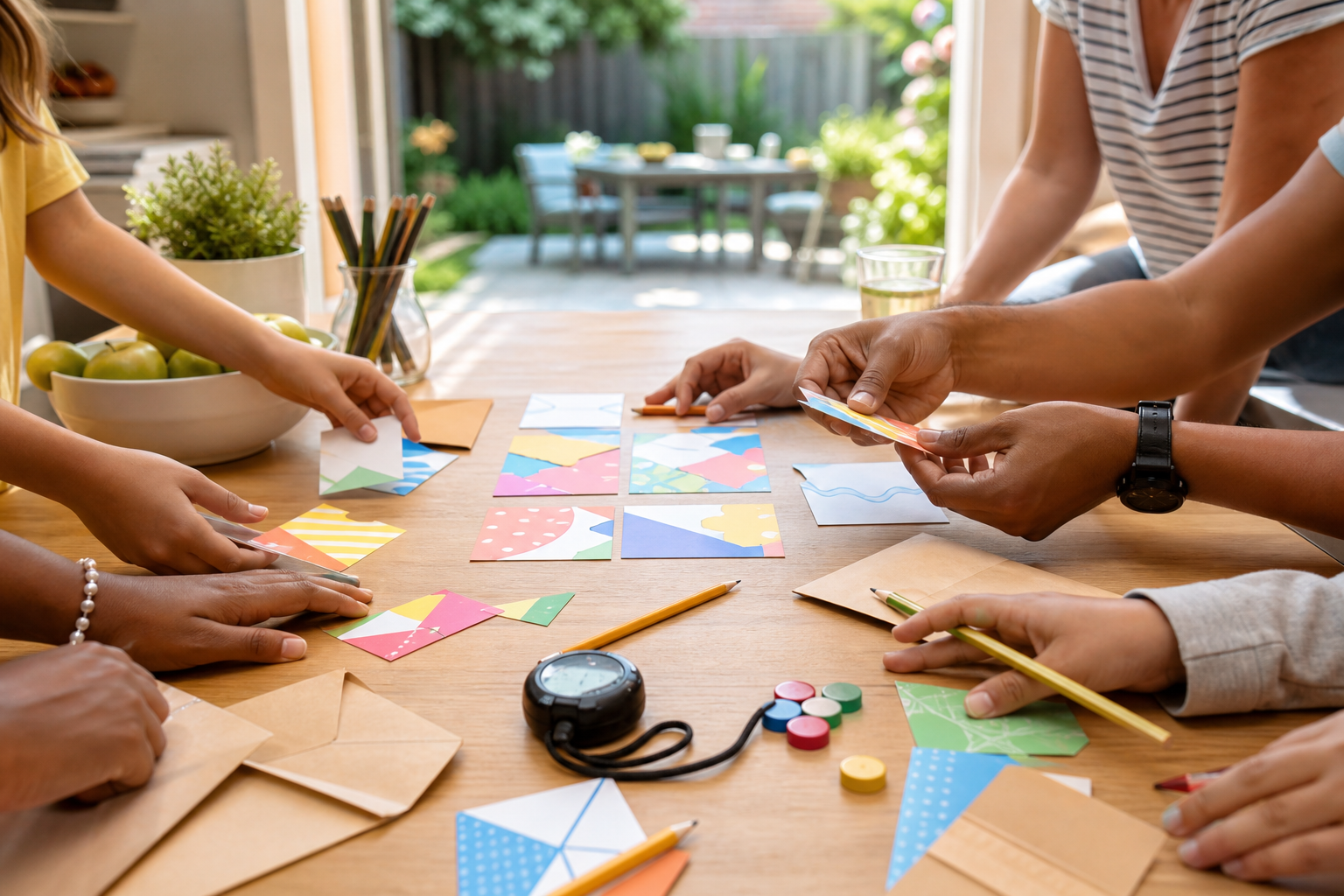 Kids and adults working together on colorful printable puzzle cards, envelopes, pencils, team tokens, and a timer on a sunny table.