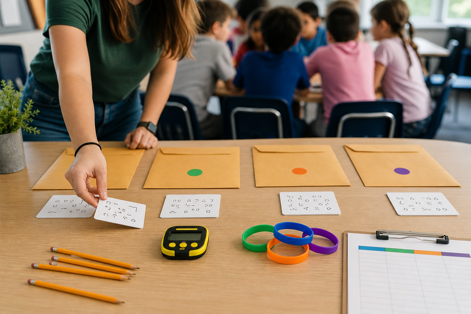 Printable puzzle relay station envelopes, clue cards, pencils, timer, colored team bands, and a score sheet on a classroom table.