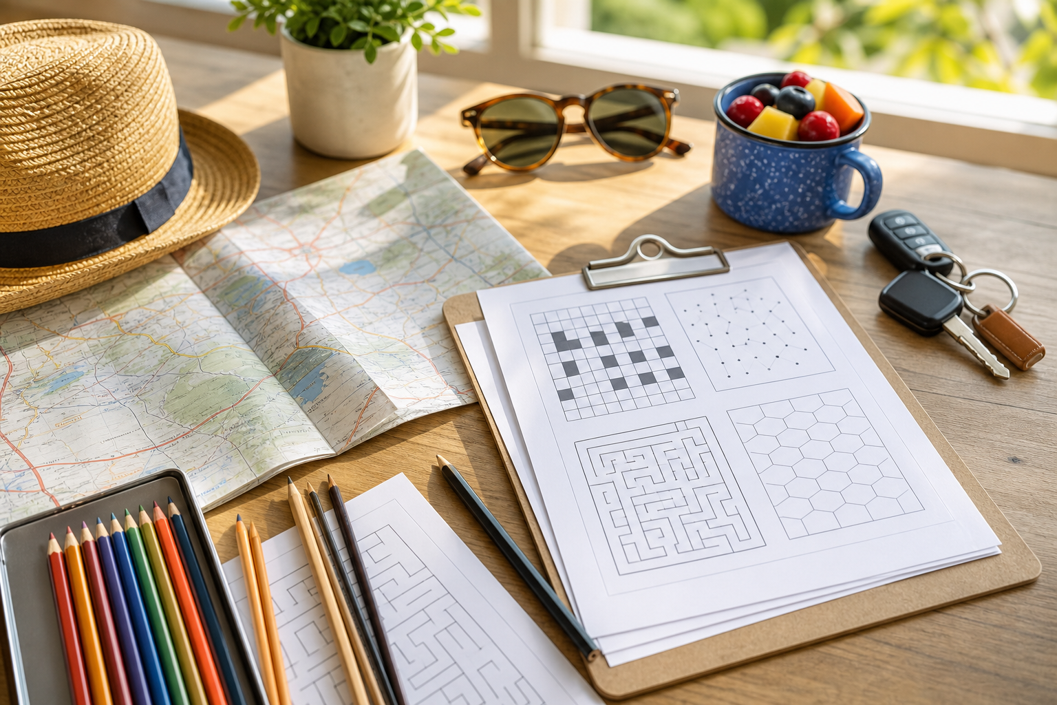 Printable road trip puzzle pack with car games, pencils, and travel supplies ready for a family drive
