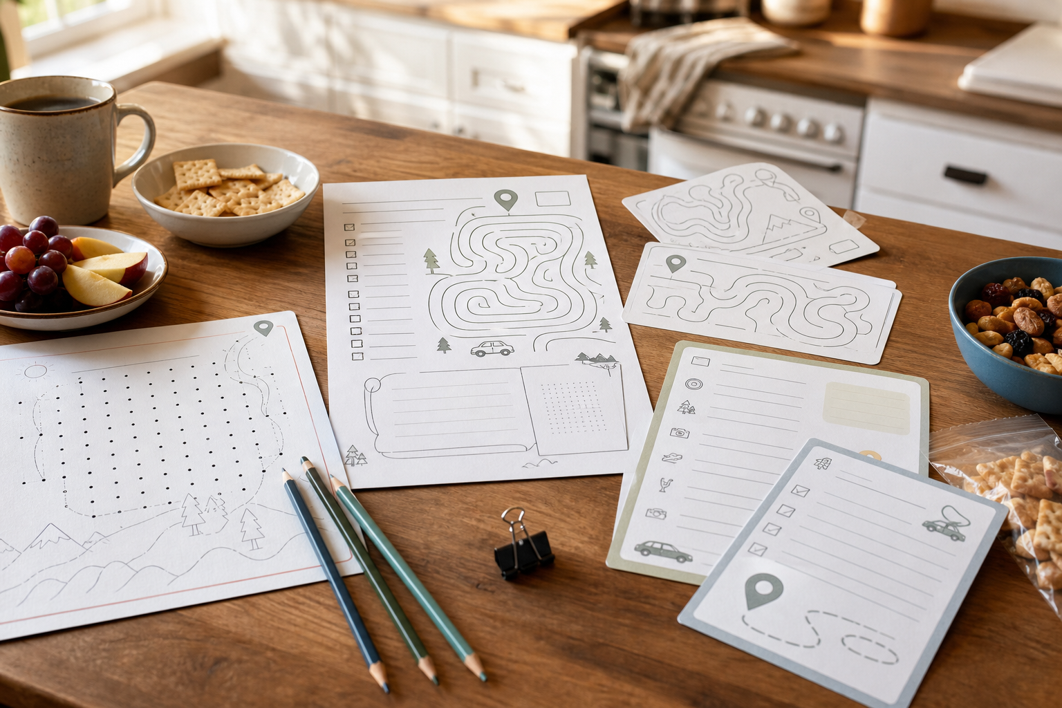 Printable puzzle pages and pencils arranged in a small reusable folder