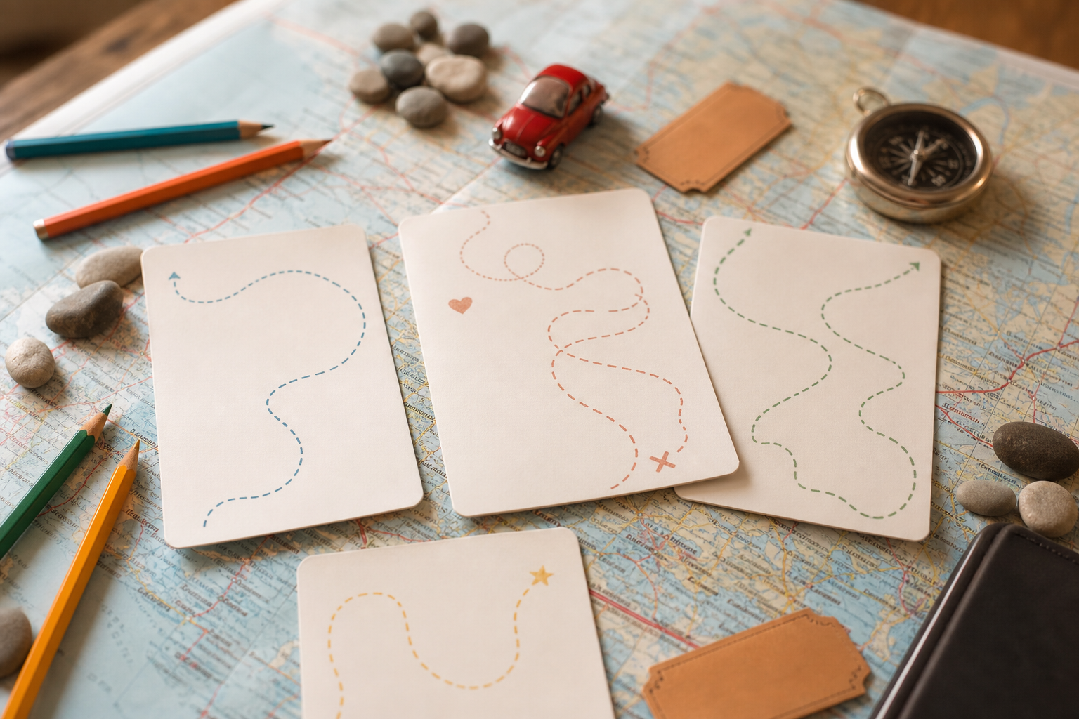 Printable route cards, a road map, and travel puzzle sheets arranged for a family national park trip