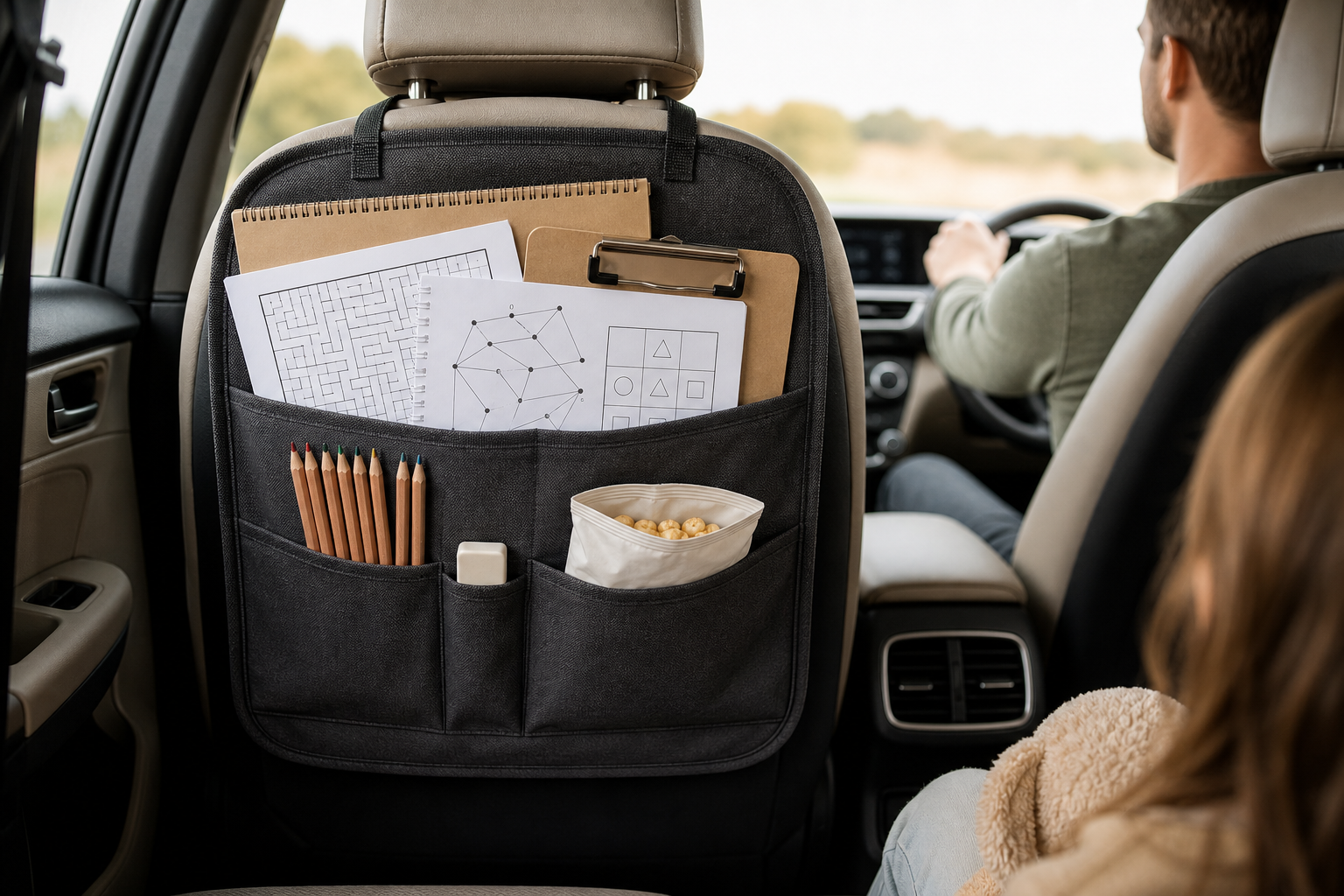 A folder of printable activity pages stored within easy reach in a car seatback pocket