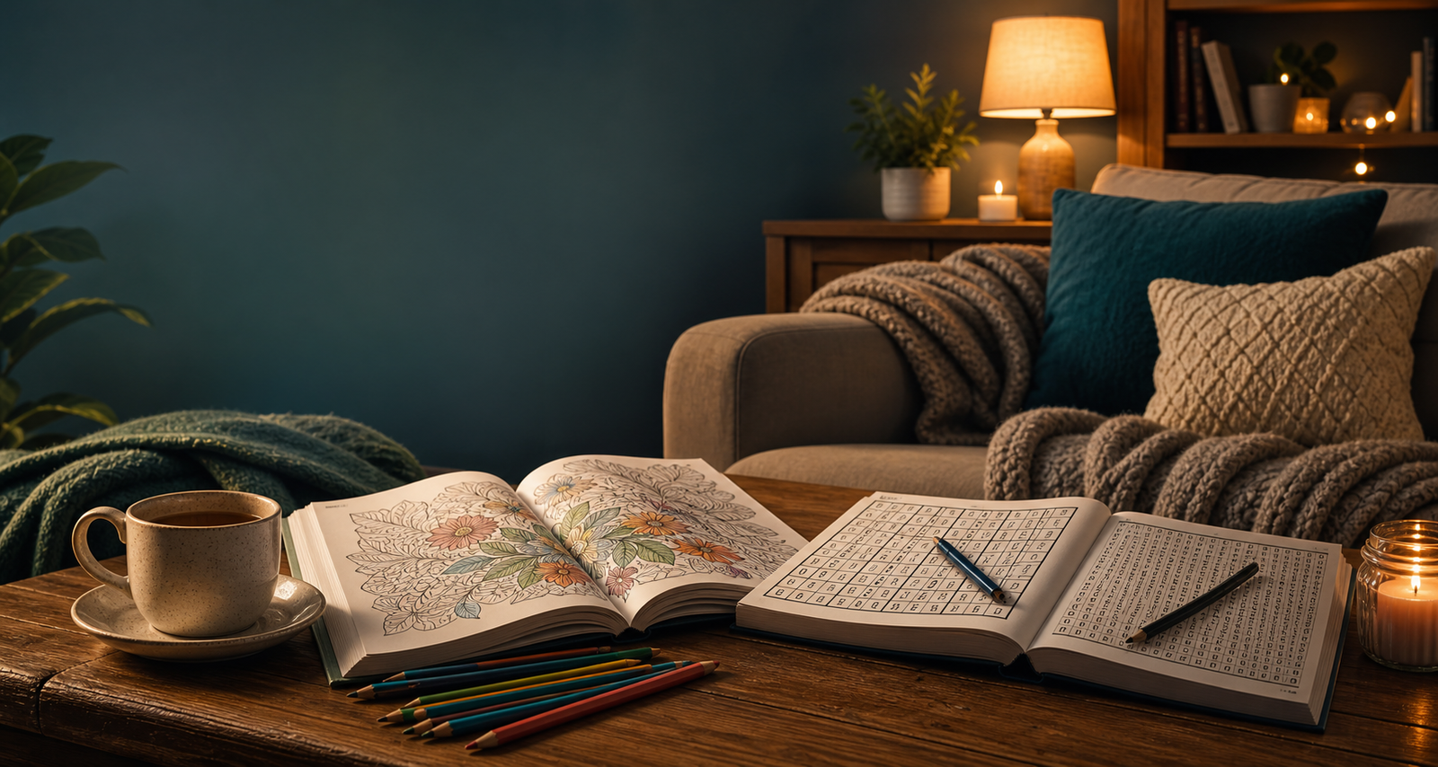 Cozy evening coffee table with coloring book, Sudoku puzzle book, word search pages, colored pencils, tea, blanket, and warm lamp light