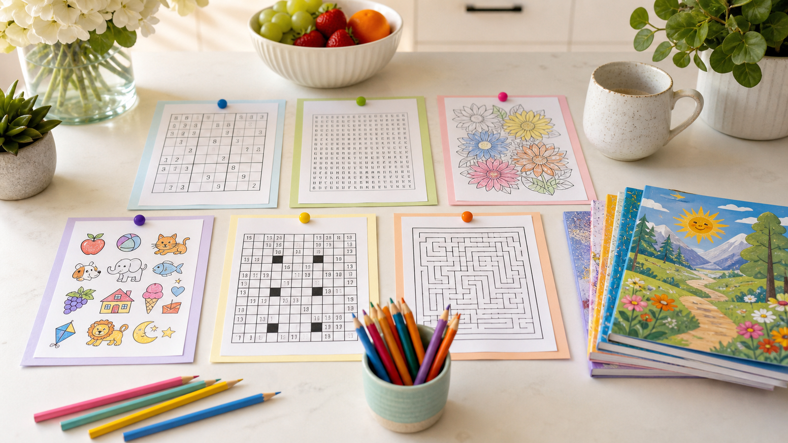 Bright table with Sudoku, word search, maze, coloring pages, pencils, and puzzle books arranged as a seven-day paper puzzle challenge