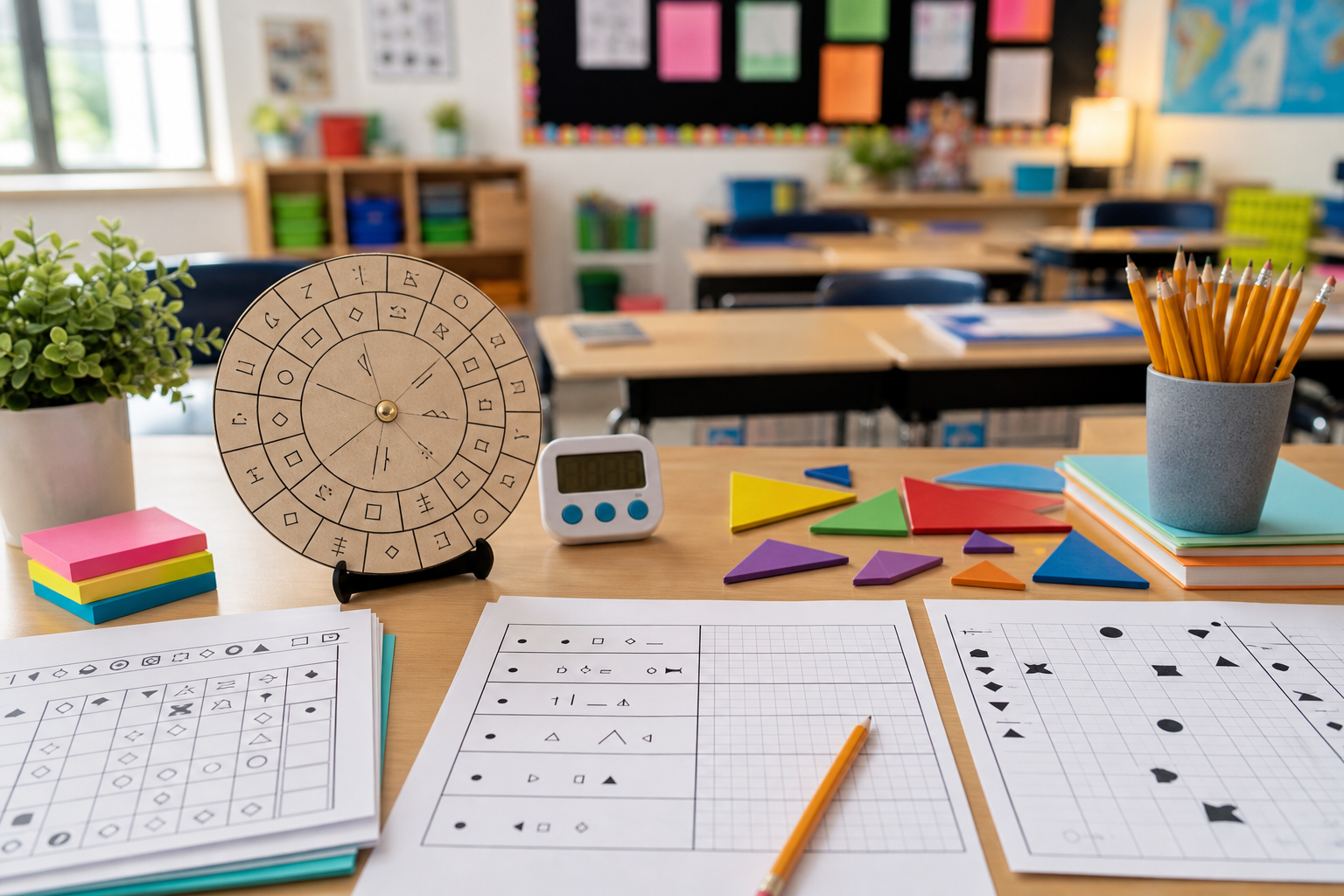 Printable puzzle station materials with cipher wheel, tangram pieces, logic grids, pencils, and classroom supplies