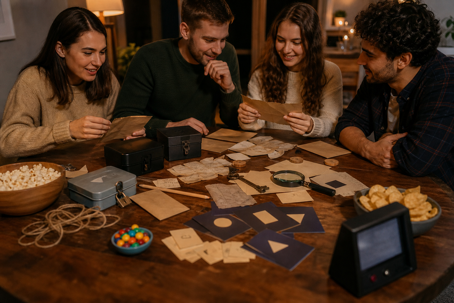 Adults and teens solving printable escape room clues at a cozy game night table with envelopes and lock boxes