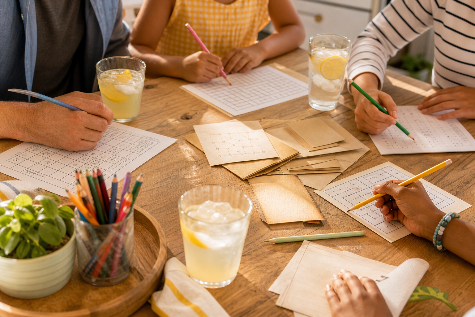 Family solving printable logic puzzles and paper clues together at a sunny summer table