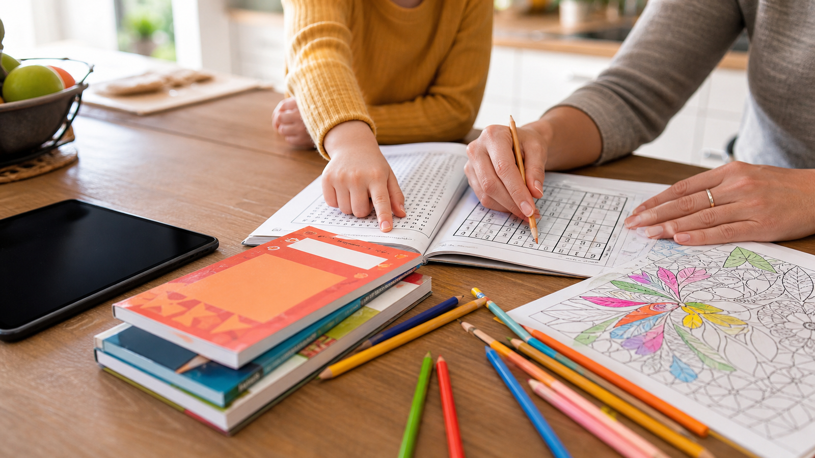 Tablet pushed aside while a parent and child work on paper puzzle books, Sudoku, word search, and coloring pages at a kitchen table