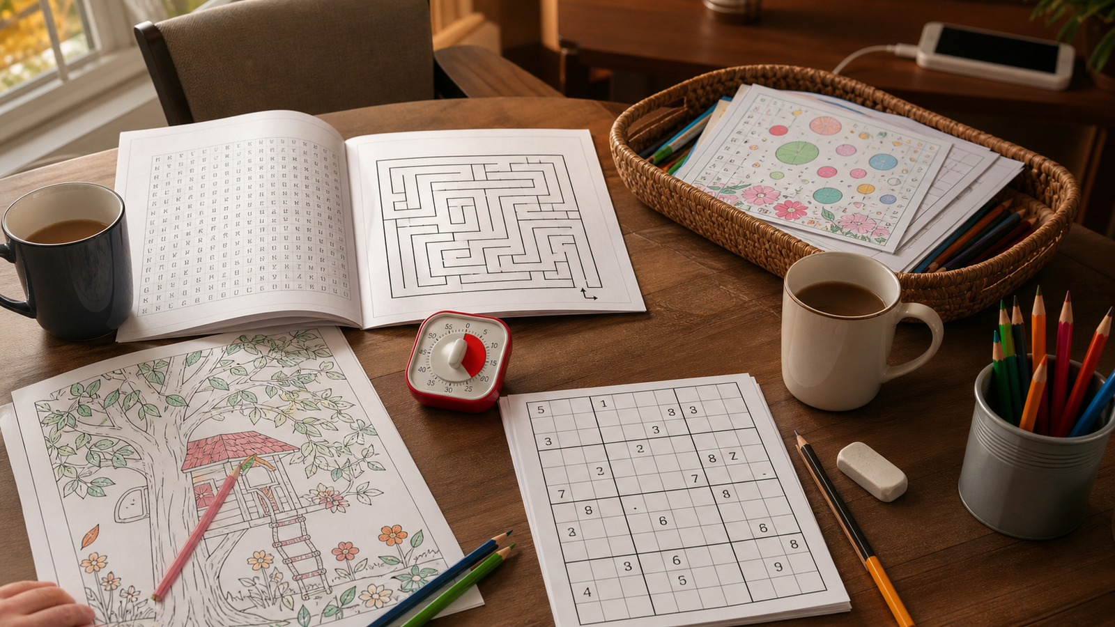 Cozy table set with a timer, paper maze, large-print word search, Sudoku grid, coloring page, pencils, and a phone charging away from the activity