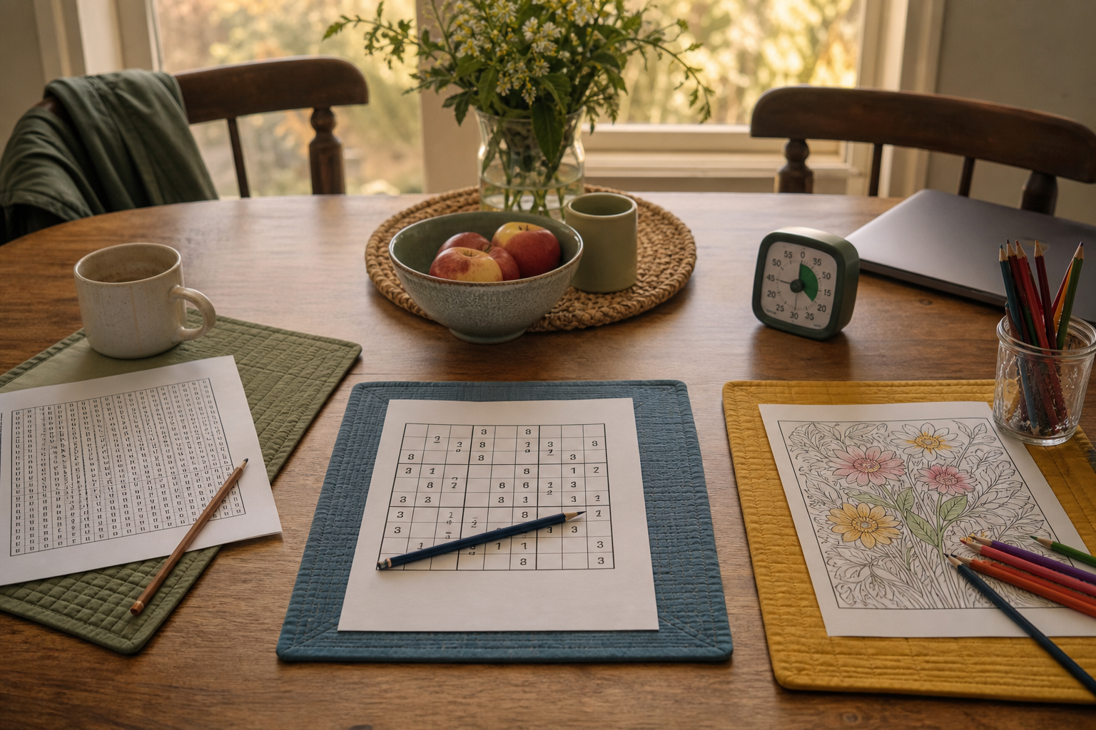 A family table set with word search, Sudoku, coloring pages, pencils, and a timer