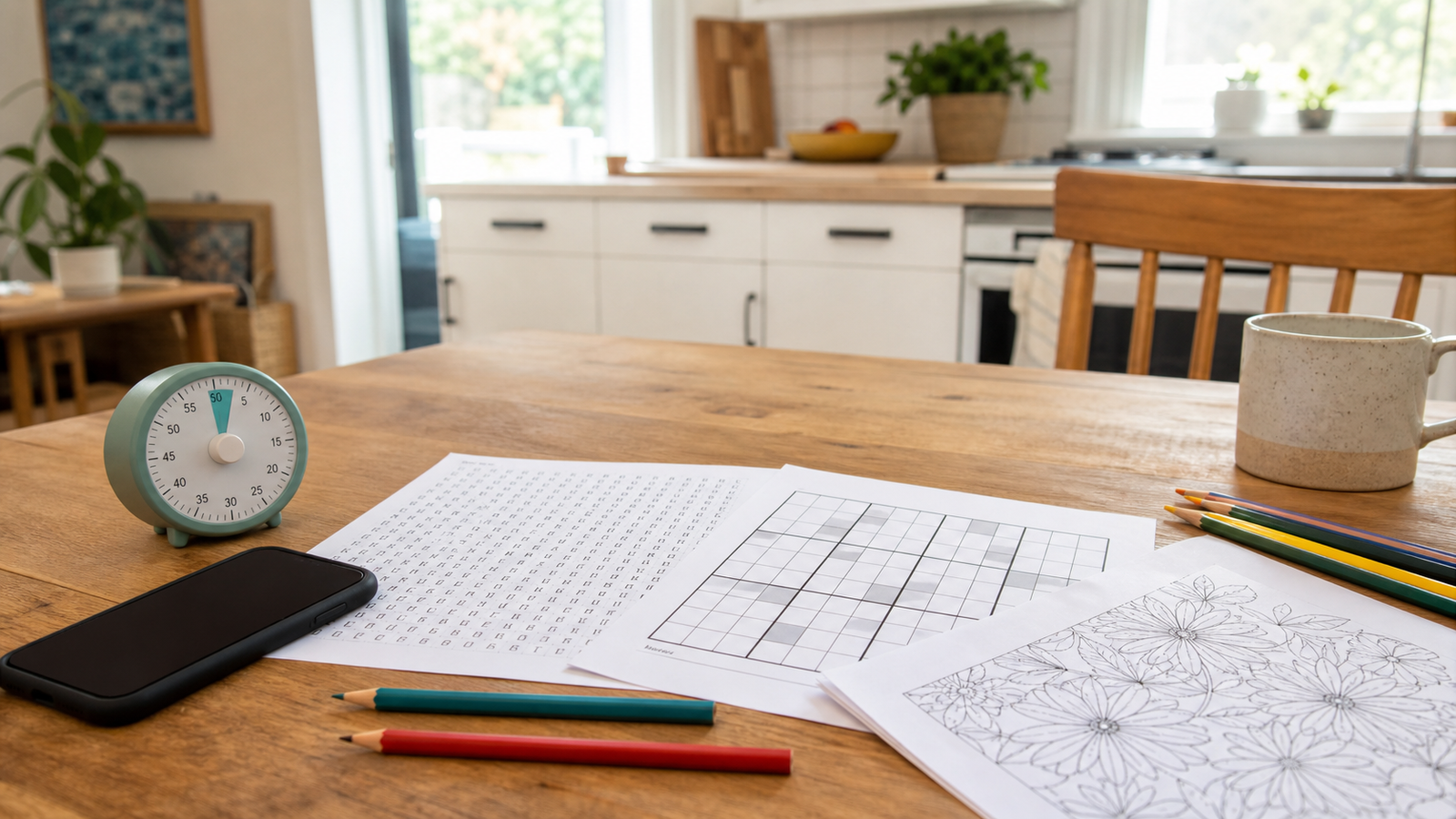 A kitchen table with a phone set aside, a timer, pencils, and paper puzzle pages