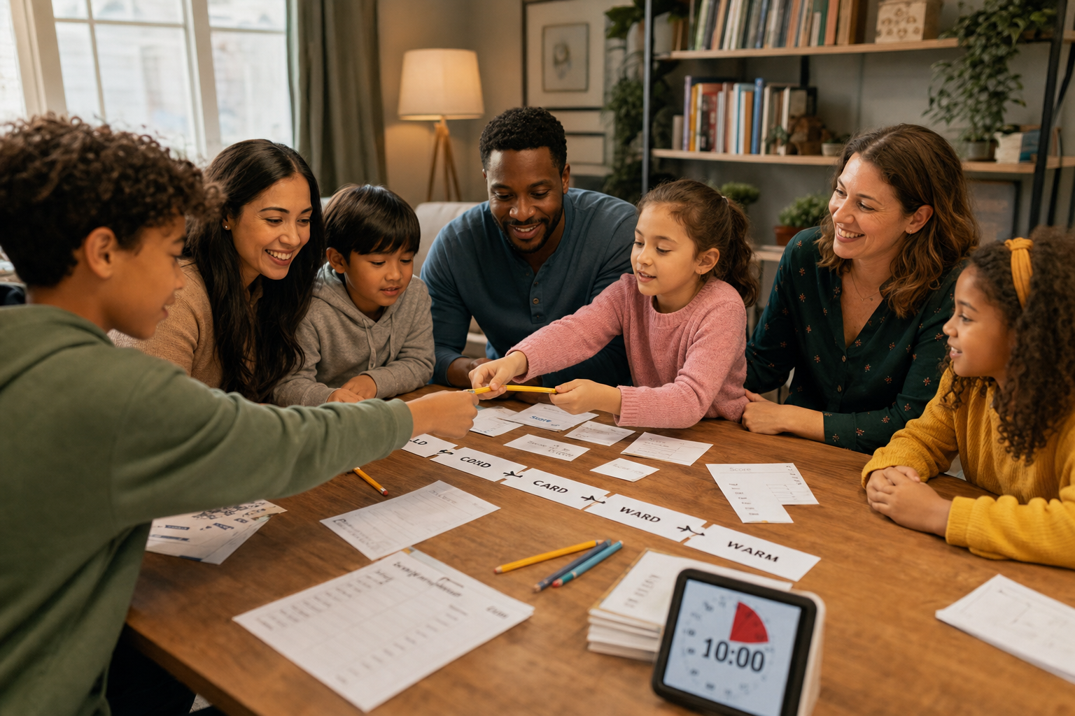 Small group playing a printable word ladder relay game around a table with puzzle cards and pencils