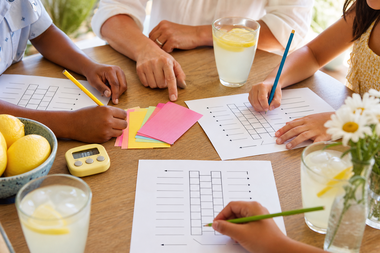 Family solving printable word ladder race sheets with pencils and a timer at a sunny summer table