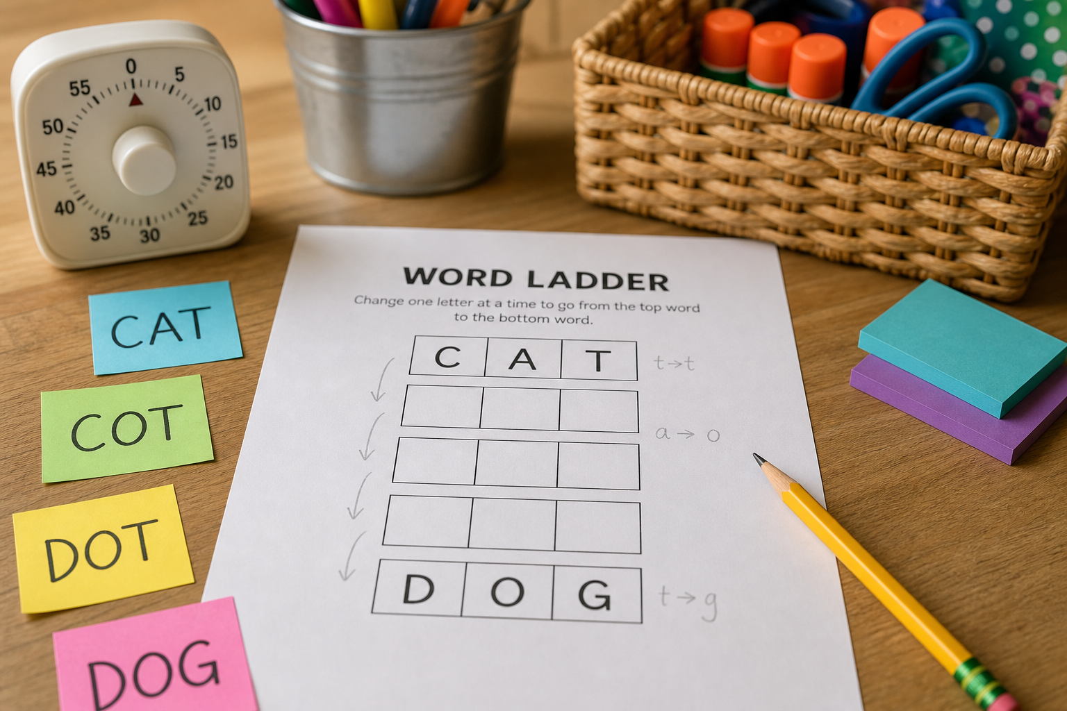 Printable word ladder worksheet with pencils, sticky notes, and a kitchen timer on a classroom table